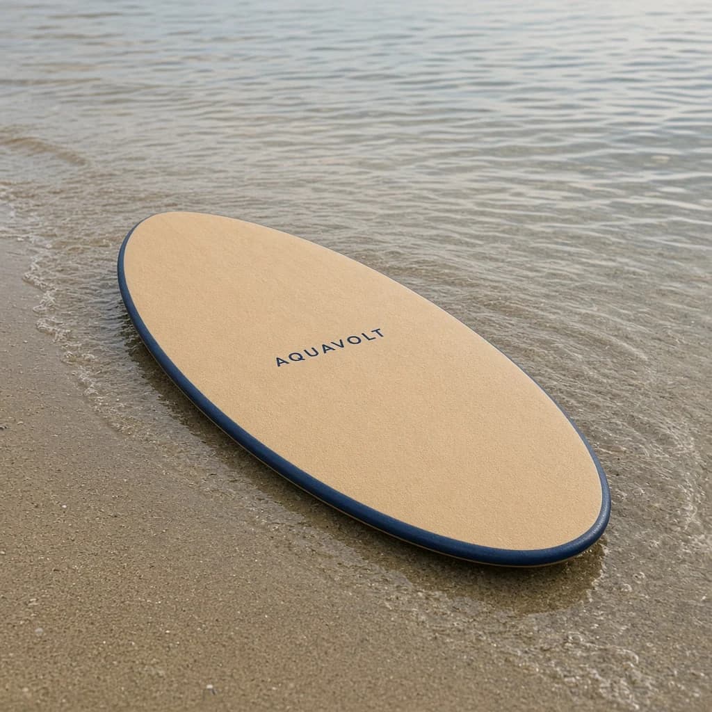 Sandfarbenes AQUAVOLT Glide Skimboard mit marineblauem Rand am Strand
