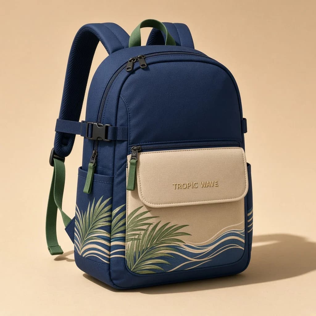 Ozeanblauer TROPIC WAVE Explorer Rucksack mit Sandtasche, Palmen und Wellen
