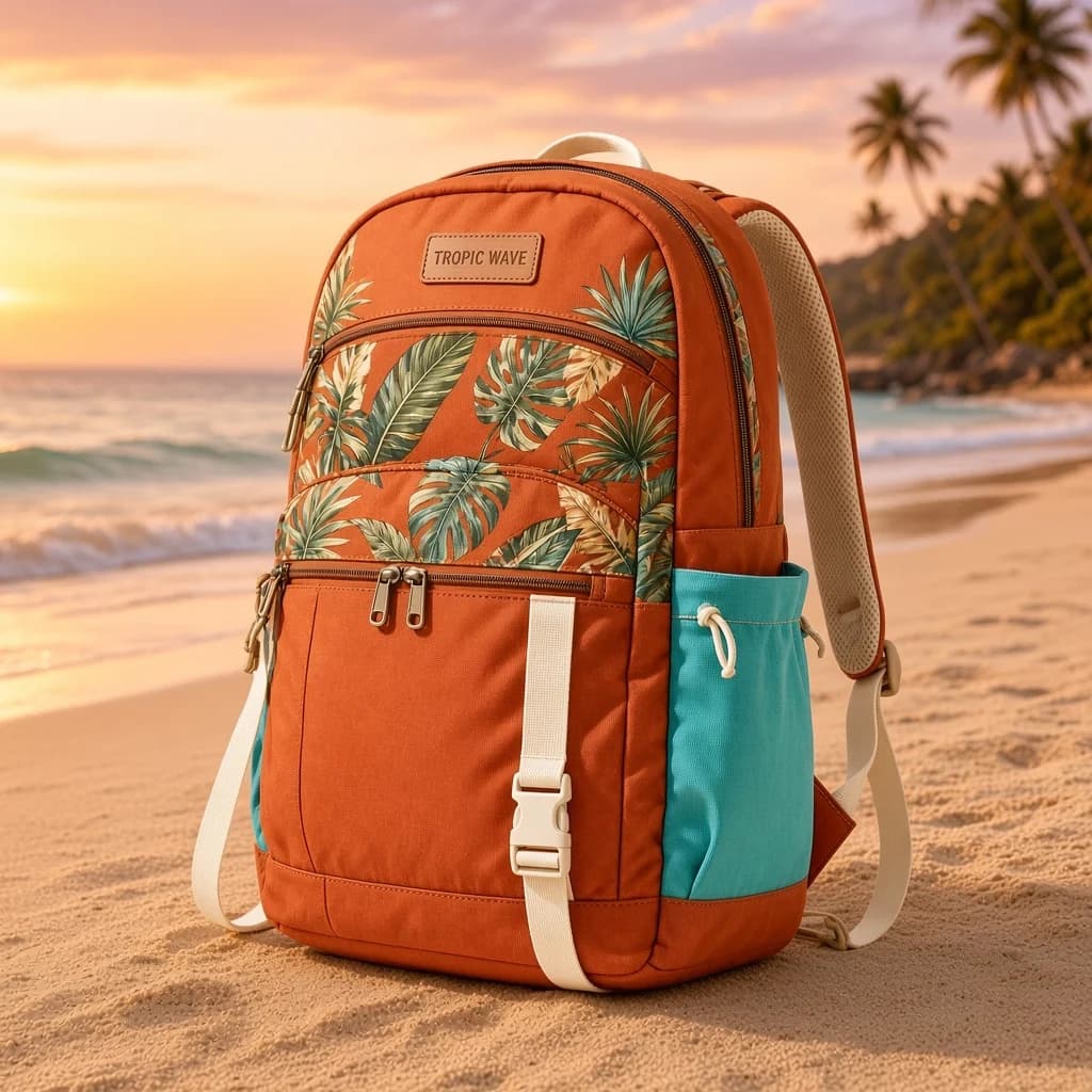ISLAND NOMAD Rucksack am Strand bei Sonnenuntergang