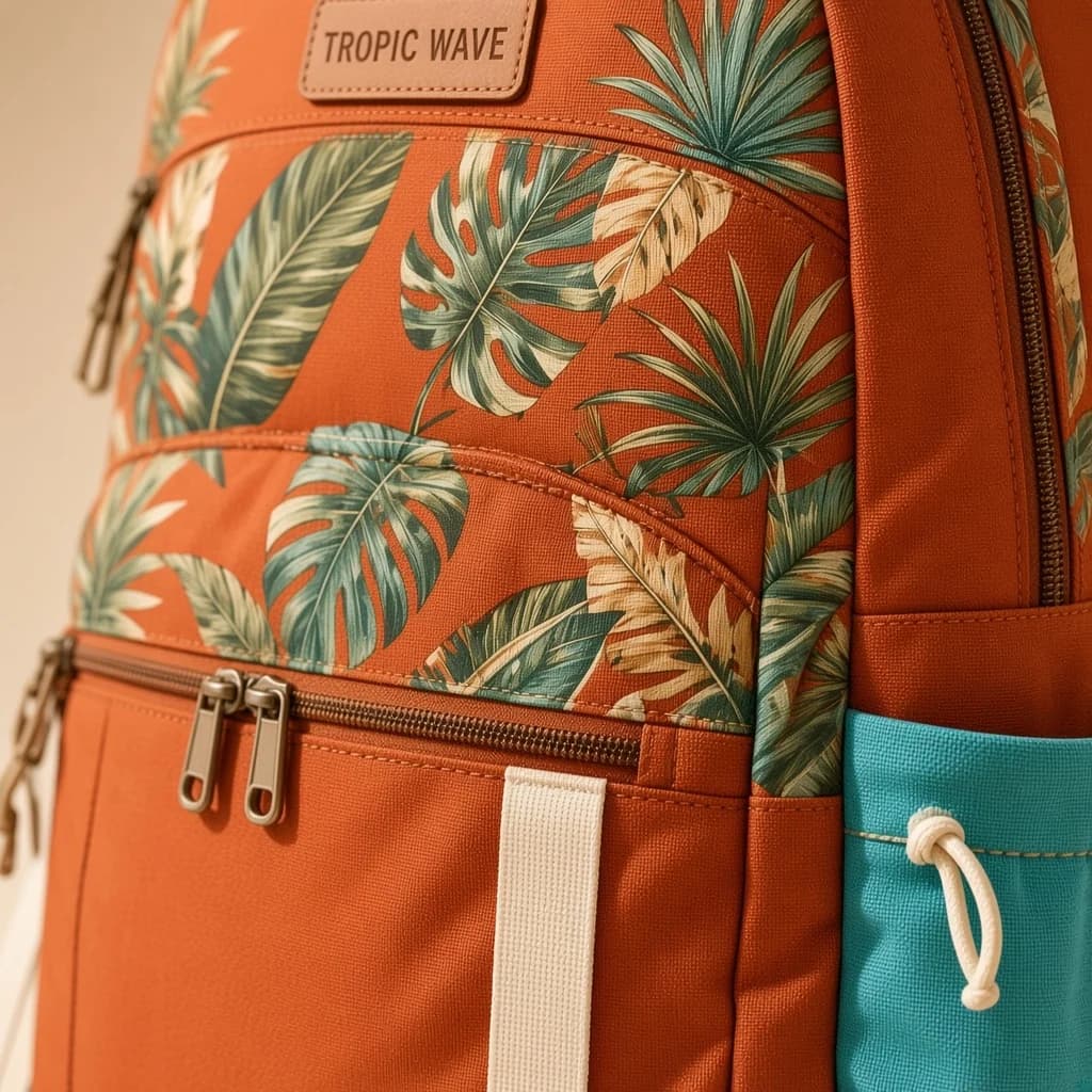 Nahansicht des Blattmusters und der Reißverschlüsse am ISLAND NOMAD