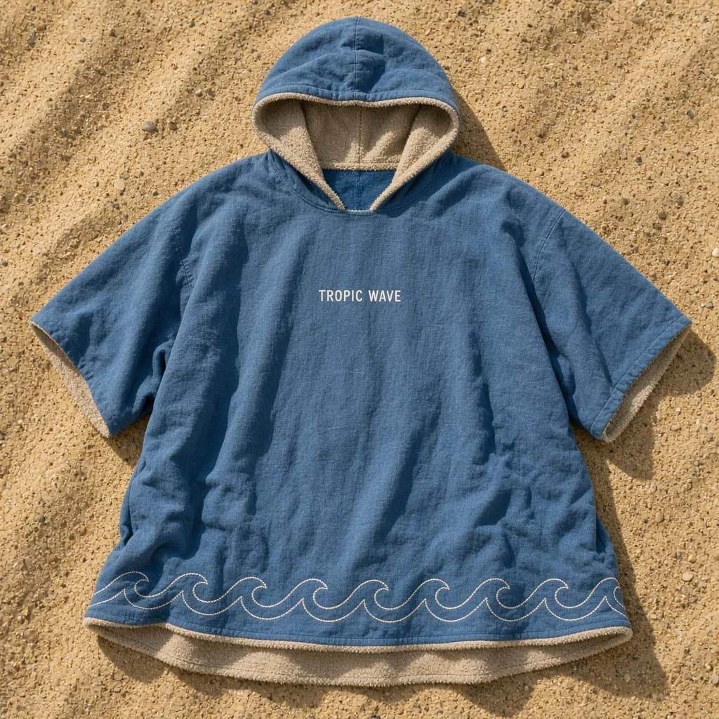 Blaues COASTLINE Classic Surfponcho mit Kapuze und Wellennaht auf Sand