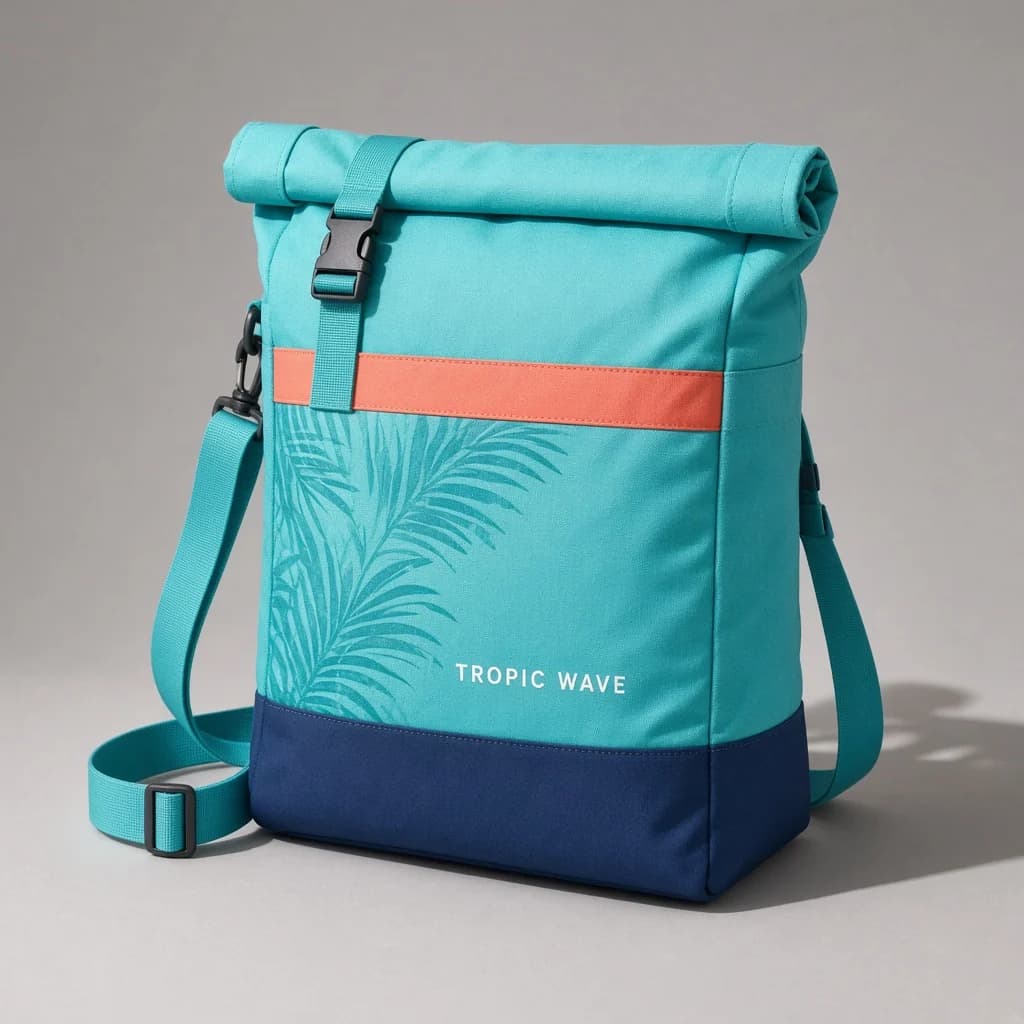 Türkise SUNSET FLOW Rolltop-Strandtasche mit korallenem Streifen